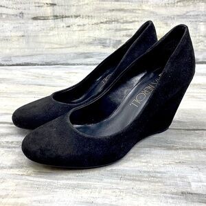 Via Neroli Black Suede Leather Wedges MtMarlene Round Toe Dressy Wedge Heels 6M